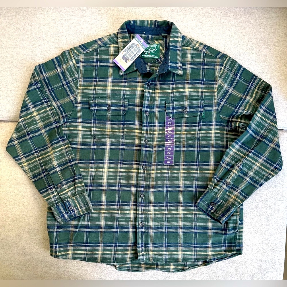 New Woolrich Brawny Flannel Button Shirt Green Plaid Blue - Picture 3 of 7